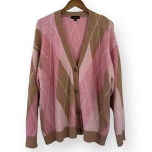 J Crew Womens Oversize Cardigan Sweater L Argyle Supersoft Wool Alpaca Pink Tan